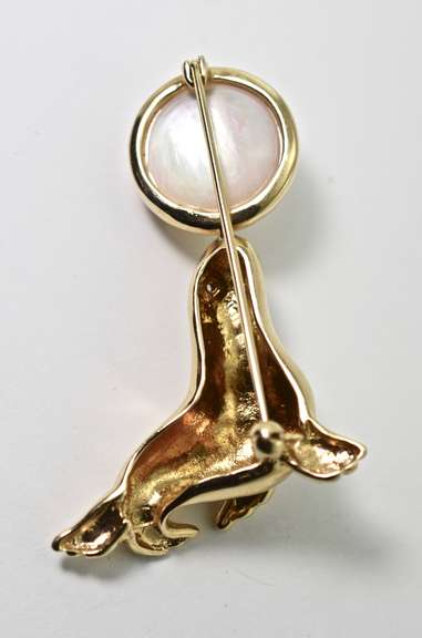 Whimsical 14K Seal Brooch Balancing a Mabe Pearl "Ball"