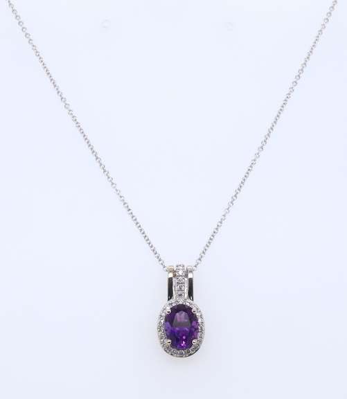 Elegant White Gold Amethyst and Diamond Halo Pendant on Chain