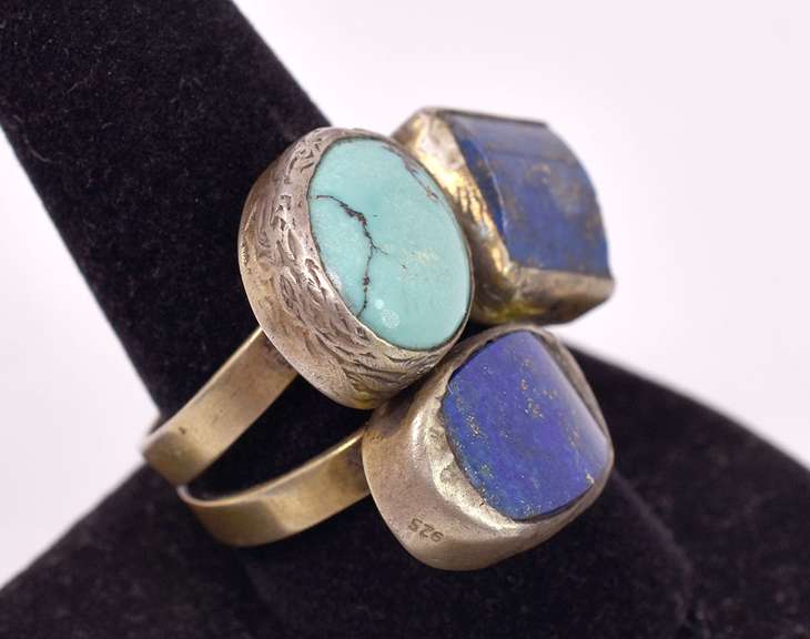 Sensational Vintage Lapis and Turquoise Ring in Gold Plated Sterling Silver
