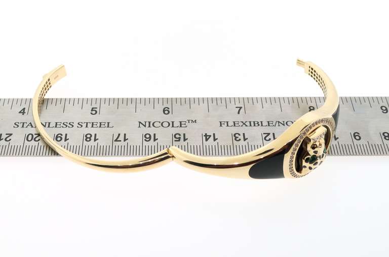 Agressive 14k Gold and Onyx Panther Bangle Bracelet Handmade Italian with Cubic Zirconias