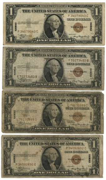 4 Series of 1935-A $1 Hawaii Silver Certificate notes
