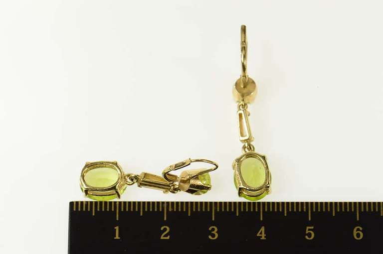 14K Yellow Gold Peridot Dangle CZ Baguette Accent Statement Earrings