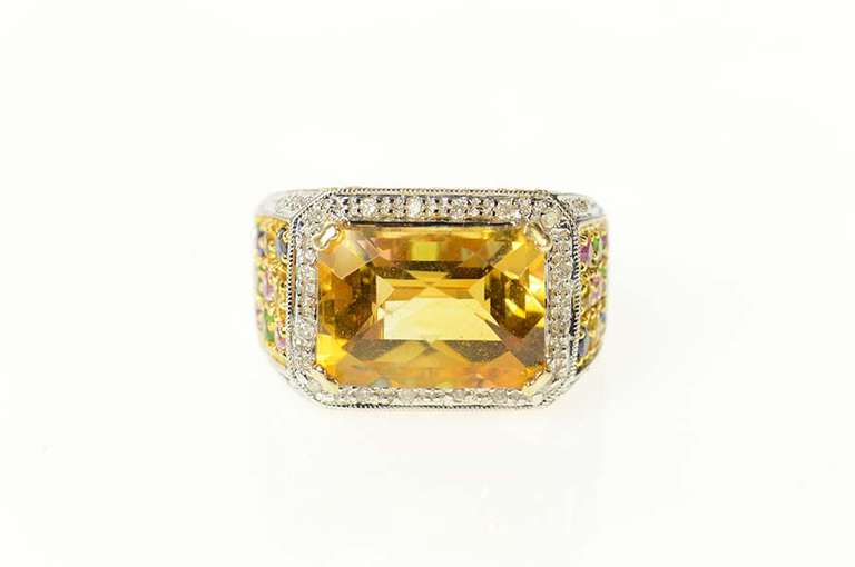 14K Yellow Gold Emerald Citrine Diamond Sapphire Cocktail Ring