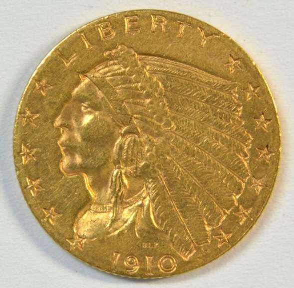 Upper end 1910 US $2.50 Indian Gold Piece. Nice