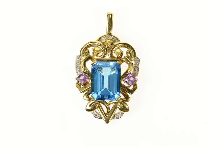 14K Yellow Gold Topaz Amethyst Citrine Diamond Statement Pendant