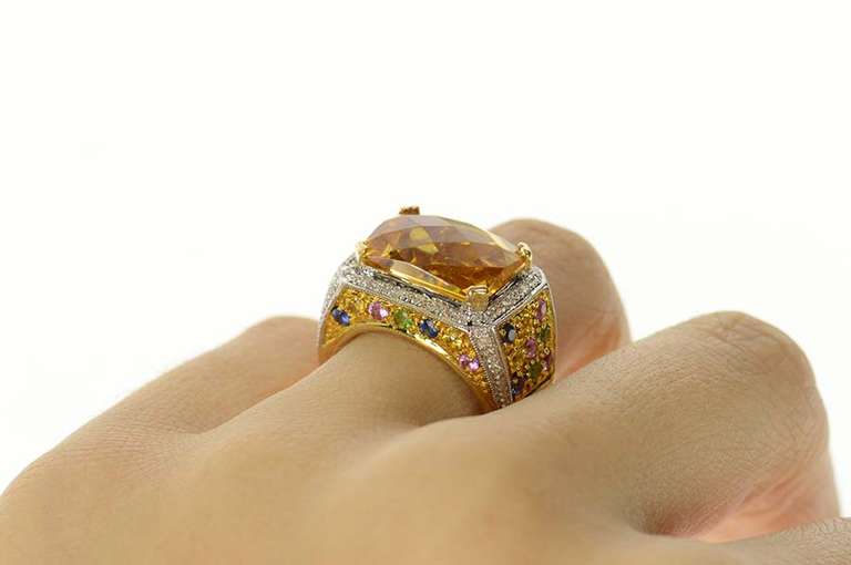 14K Yellow Gold Emerald Citrine Diamond Sapphire Cocktail Ring