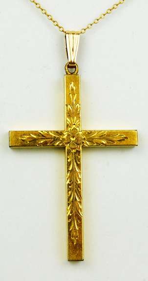 Beautiful Vintage Large Engraved Gold Filled Cross & Chain