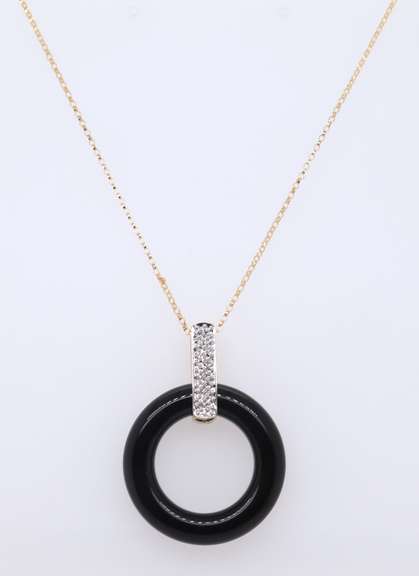 Amazing Yellow Gold Black Onyx Circle w Diamond Bail Pendant on Chain