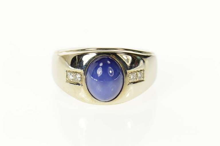14K White Gold Retro Syn. Blue Star Sapphire Diamond Ring