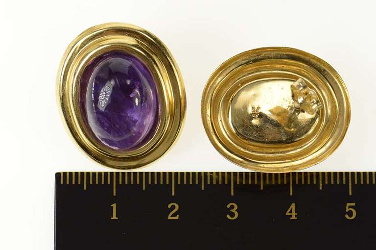 14K Yellow Gold Retro Amethyst Cabochon Statement Stud Earrings