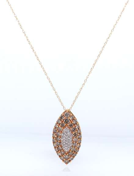 Charming Yellow Gold Marquise Champagne & White Diamond Pendant on Chain