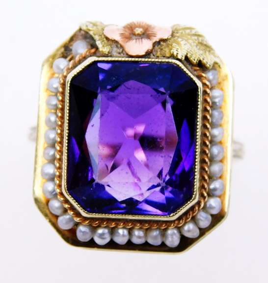 Exquisite Antique 14K Amethyst & Seed Pearls Ring, 6