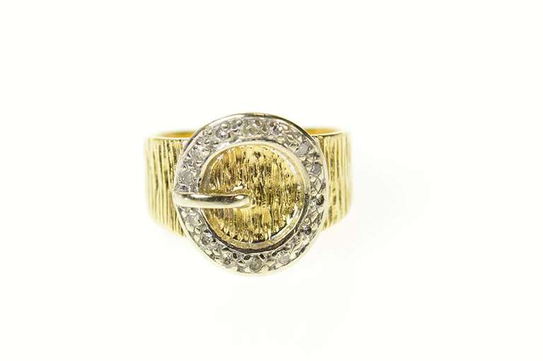 14K Yellow Gold Diamond Round Belt Buckle Statement Ring