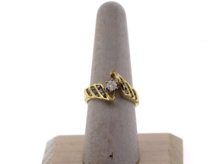 Modern Side Stone Diamond Ring with Channel Set Diamonds on a 14k Gold Band