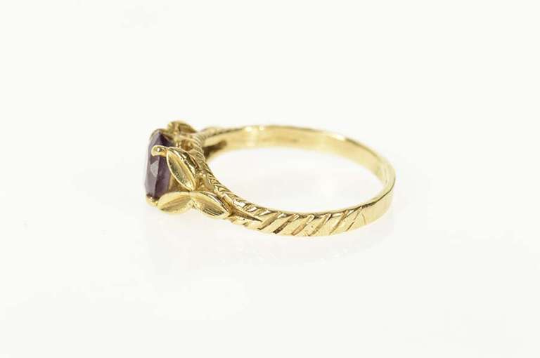 14K Yellow Gold Amethyst Oval Leaf Accent Statement Ring