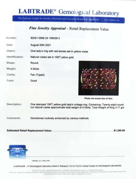 Vintage Yellow Gold Ruby 4 Row Ring