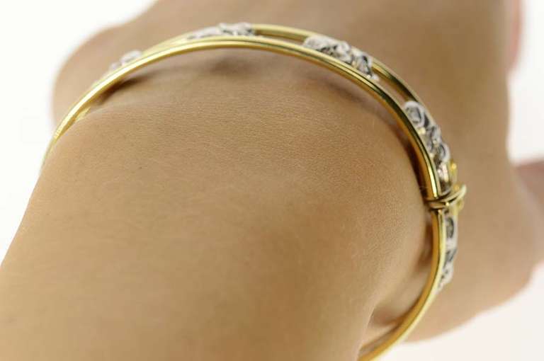 14K Yellow Gold Two Tone Stylized Elephant Bangle Bracelet