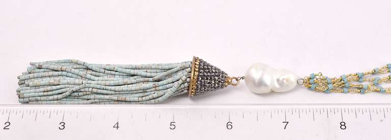 Brilliant Extra Long Turquoise, Pearls, Malachite and Quartz Crystal Ladies Necklace