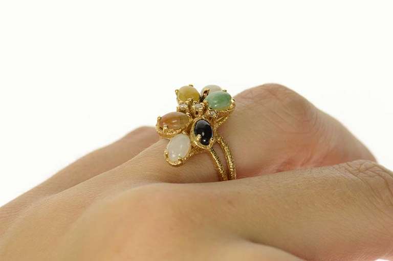 14K Yellow Gold Multi Colored Jade Diamond Cluster Bypass Ring