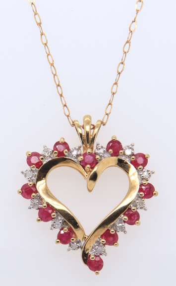 Charming Yellow Gold Ruby & Diamond Open Heart Necklace