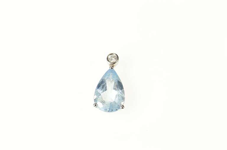 14K White Gold Pear Blue Topaz Diamond Accent Classic Pendant
