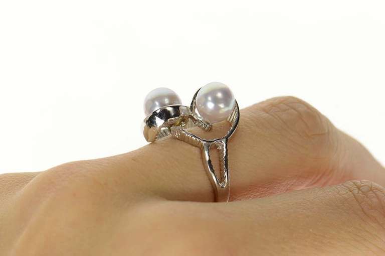 14K White Gold Ornate Pearl Two Stone Retro Statement Ring