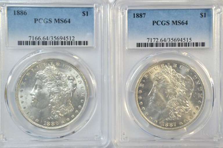 Near Gem BU 1886 & 1887 Morgan Silver Dollars. PCGS MS64