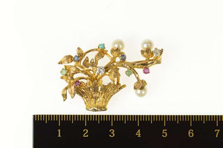 14K Yellow Gold Retro Floral Pearl Vine Basket Bouquet Pin/Brooch