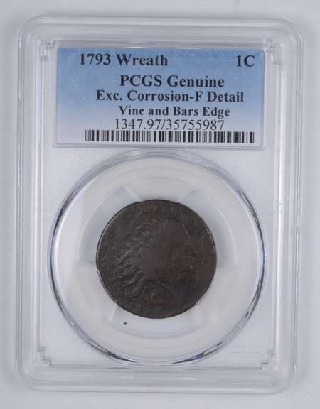 F Detail 1793 Flowing Hair Large Cent Wreath Vine & Bars Edge - PCGS