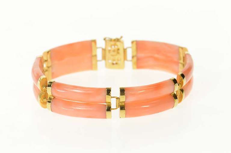14K Yellow Gold Carved Coral Chinese Happiness Symbol Bracelet