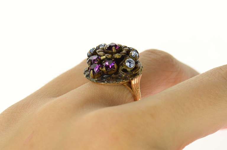14K Yellow Gold Arts & Crafts Sim. Amethyst Floral Cocktail Ring