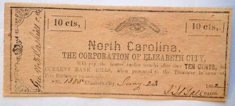10 Cent North Carolina Elizabeth City NC Jan 23 1862 Note