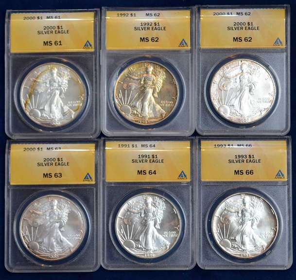 Lot Of 6 ANACS Graded American Silver Eagles MS61-MS66