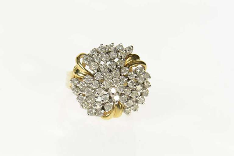 14K Yellow Gold 1.56 Ctw Diamond Cluster Round Retro Cocktail Ring