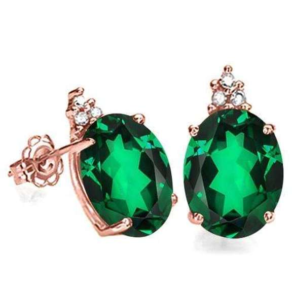 SOLID 10KT ROSE GOLD OVAL 2.48CT CREATED EMERALDT AND 6 DIAMONDS EARRINGS STUD