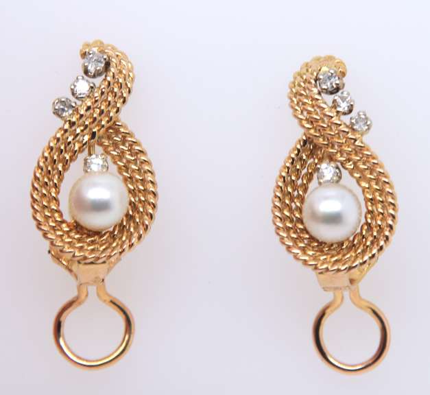 Charming 18kt Pearl and Diamond Rope Swirl Earrings