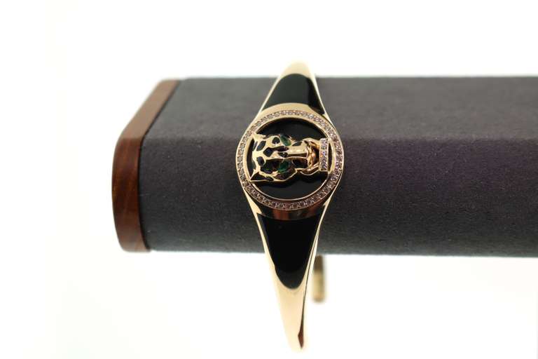 Agressive 14k Gold and Onyx Panther Bangle Bracelet Handmade Italian with Cubic Zirconias