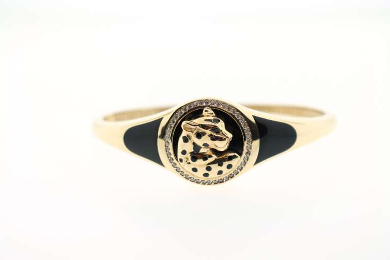 Charming Onyx Spotted 14k Gold Panther Handmade Italian Bangle Bracelet with Cubic Zirconias