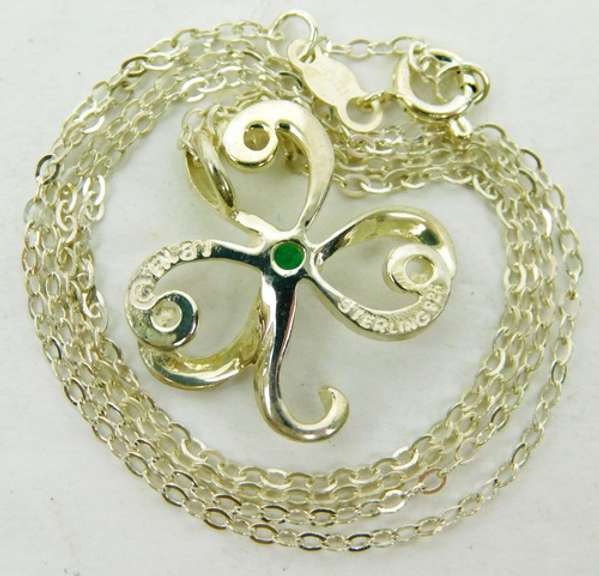 Vintage Sterling Emerald Clover Pendant & Chain