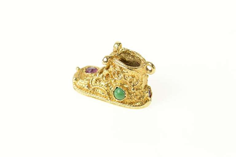 14K Yellow Gold 1950's Turquoise Ruby Baby Shoe Bootie Charm/Pendant