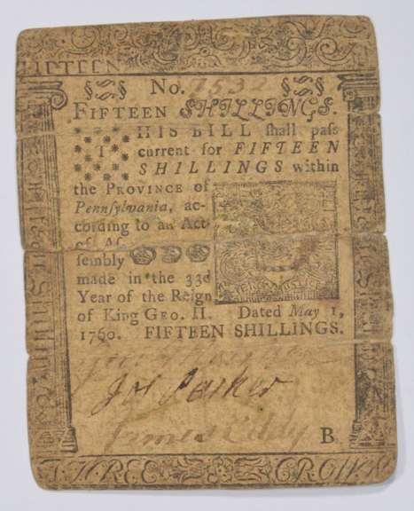 1760 Colonial Pennsylvania 15 Shillings Note