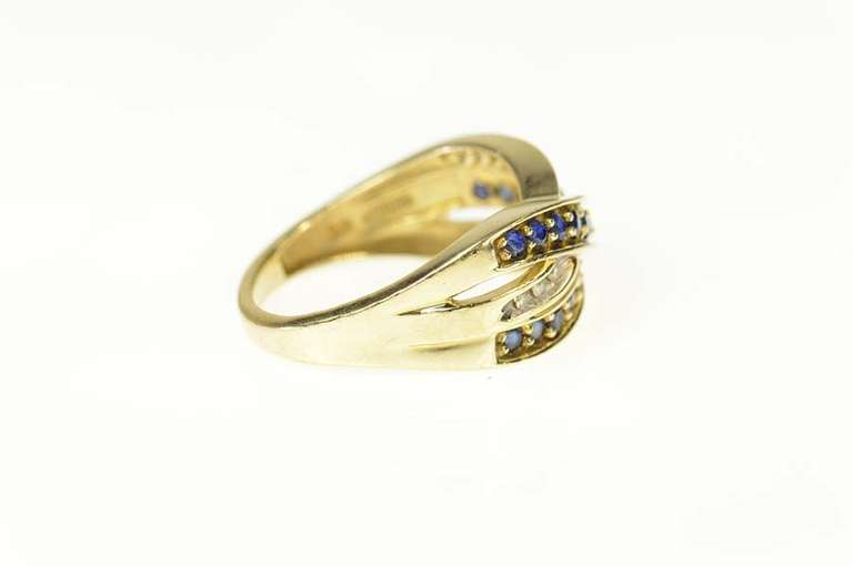 10K Yellow Gold Sapphire Diamond Criss Cross Statement Band Ring