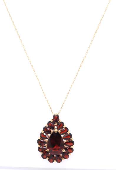 Cute Yellow Gold Pear Garnet w Pear Garnet Cluster Halo Pendant on Chain