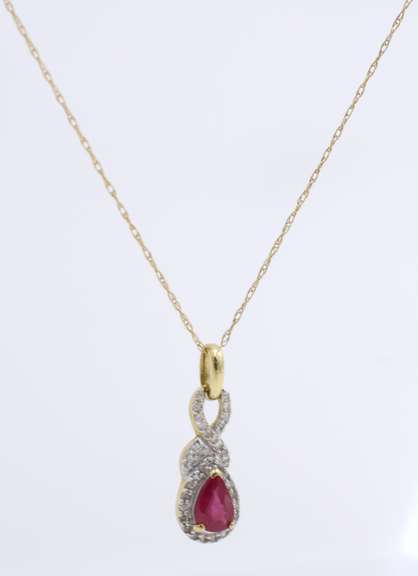 Fabulous Yellow Gold Ruby with Diamond Halo Pendant on Chain