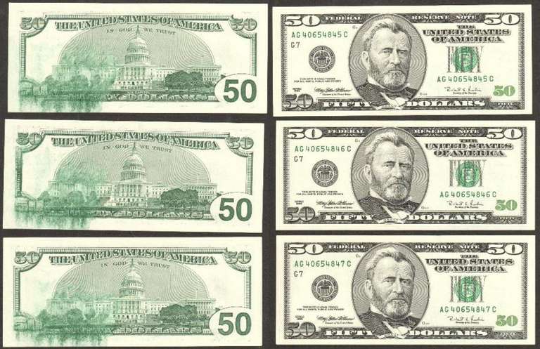 $50 1996 FRN Solven Smears 3 Consecutive Gem Uncirculated