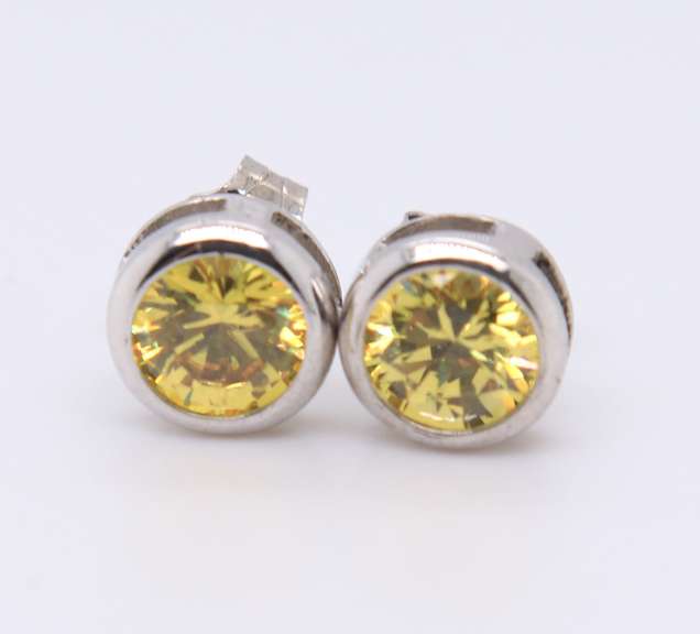 Stunning White Gold Bezel Yellow Cubic Ziconia Stud Earrings