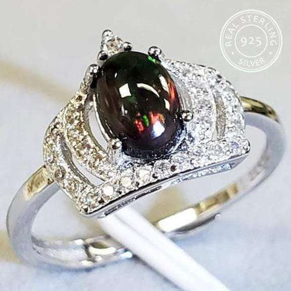 GENUINE ETHIOPIAN BLACK OPAL & CREATED WHITE SAPPHIRE 0.50 CT 925 STERLING SILVER ADJUSTABLE RING