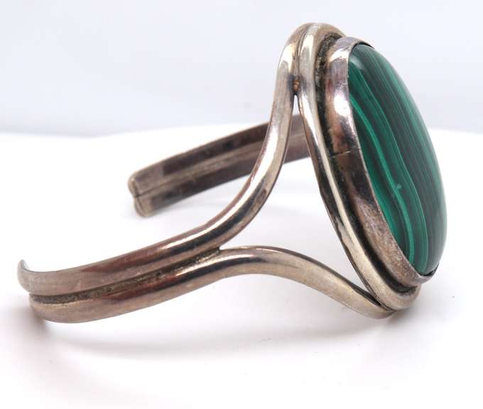 Vintage Sterling Silver Malachite Cuff Bangle Bracelet