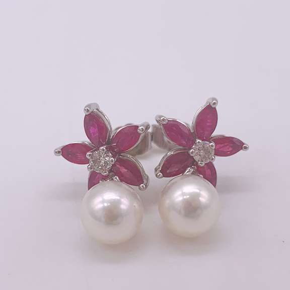 14kt Gold, Ruby, Diamond, & Pearl Earrings