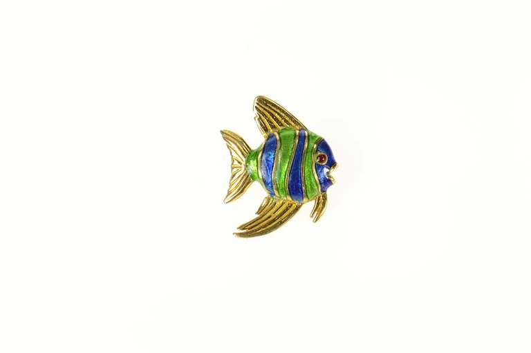 18K Yellow Gold Blue Green Enamel Garnet Eyed Fish Lapel Pin/Brooch